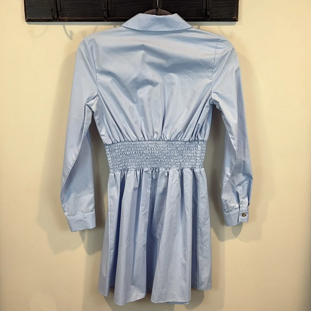 River Island Blue Cotton Blend Long Sleeve Elastic Waist Mini Shirt Dress Size 2 - Picture 6 of 7